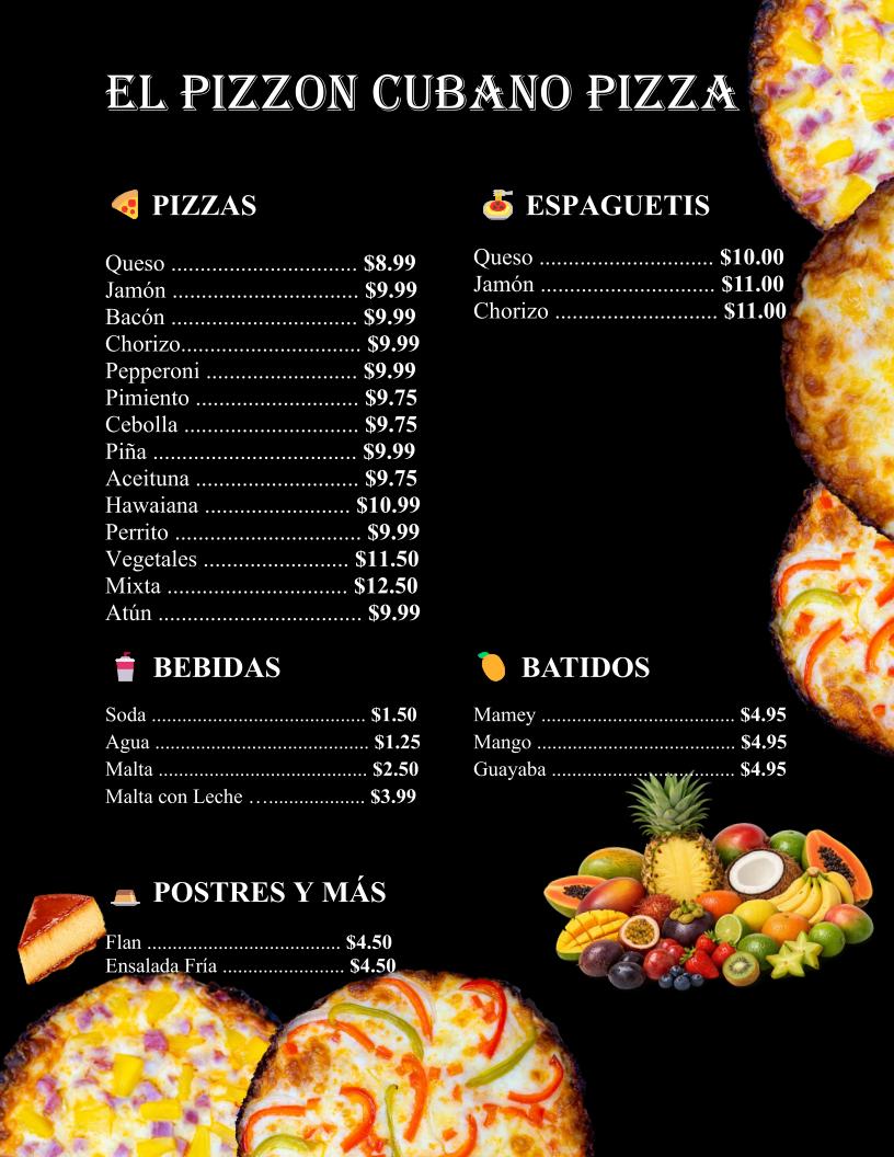 El Pizzon Cubano Pizza Menu